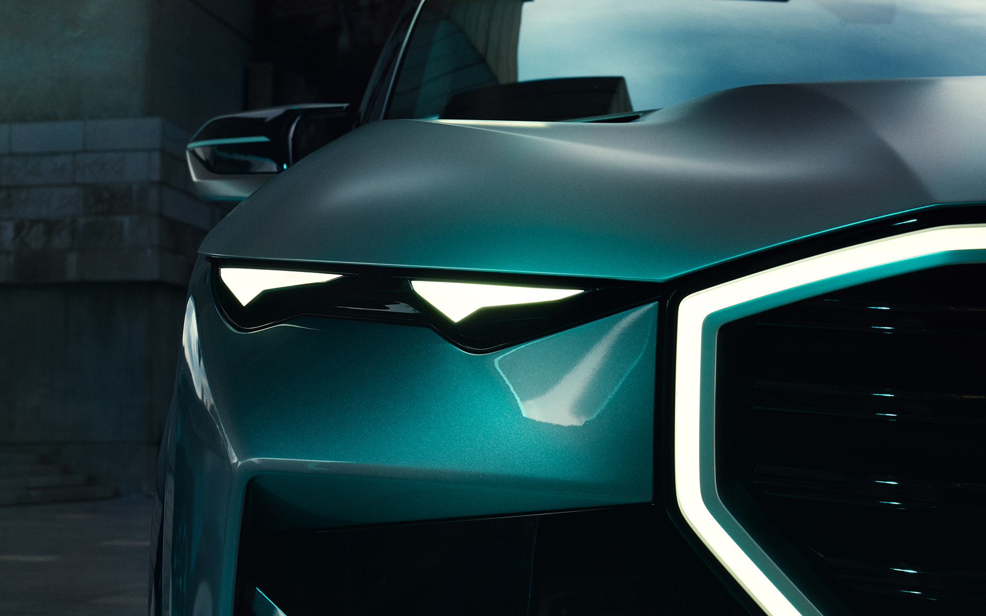 BMW Concept XM (G09), perspetiva dianteira, parado, grande plano, faróis BMW Concept XM (G09), perspetiva dianteira, parado, grande plano, faróis